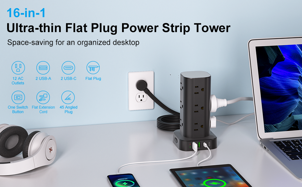 power strip tower surge protection extension cord flat plug 6ft 10ft multiple outlet multi 12 ac