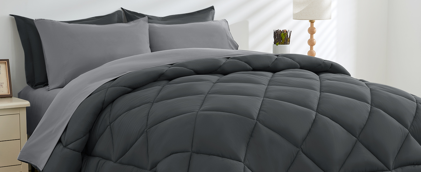 HEVUMYI Comforter Set 7 Pieces, All Season Reversible Bed in a Bag Queen