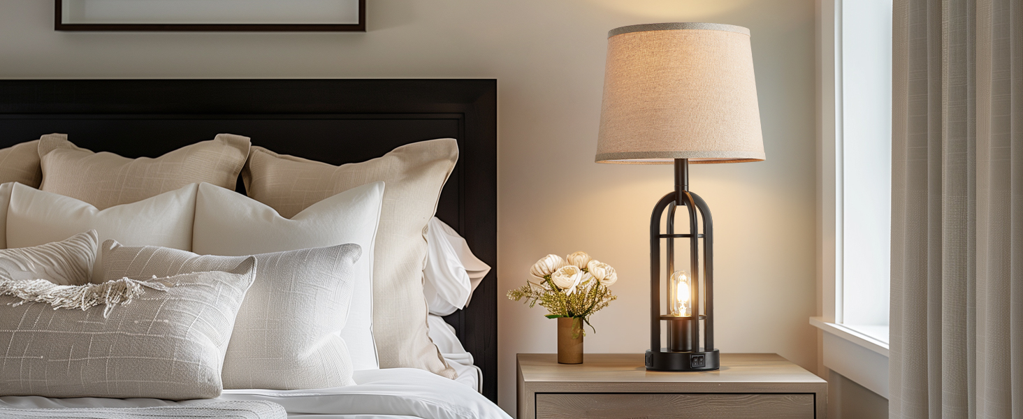Black Table Lamps for Living Room Set of 2 Retro Farmhouse Nightstand Lamps with USB A+C Ports