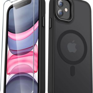 for iPhone 12 Case, iPhone 12 Pro Case, with 1 Screen Protector, Matte Magnetic Slim Phone Cover, Support for Magsafe, Shockproof Protection Translucent Frosted Back,Black