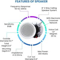 Home Theater Sound System Kit - 2000 Watts Bluetooth Amplifier w/ 6 Qty of 8" Framed Ceiling Speakers 300 W Each, 300 ft Speaker Wire & Remote for Home, Bar, Office, Restaurant by Technical Pro - Image 4