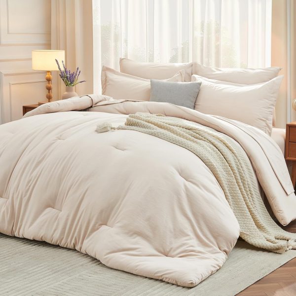 MUXHOMO 7 Pieces Full Comforter Set, Soft Bed in a Bag Full Size, All Season Bedding Set with Comforter, Flat Sheet, Fitted Sheet, Pillowcases & Shams, Beige
