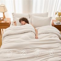 MUXHOMO 7 Pieces Full Comforter Set, Soft Bed in a Bag Full Size, All Season Bedding Set with Comforter, Flat Sheet, Fitted Sheet, Pillowcases & Shams, Beige - Image 2