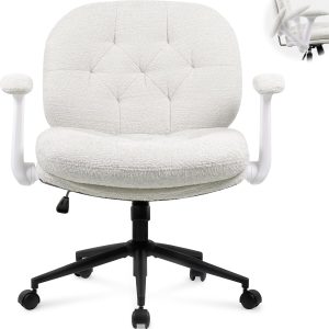 Criss Cross Office Chair with Flip-up Arms, Wide Seat Swivel Chair with Wheels, Comfortable Cross-Legged Desk Chair for Home Office or Vanity, Adjustable Height, Beige