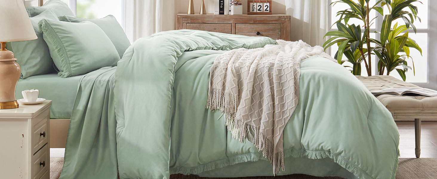 Tassel Sage Green comforter set 7 Pieces
