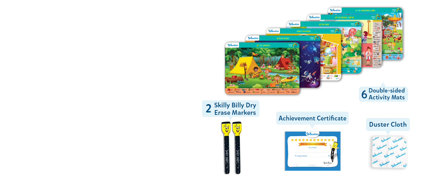 search and find write & wipe activity mats with dry erase markers and duster cloth