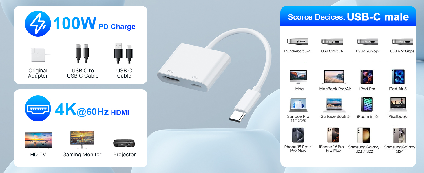 100W USB C to HDMI Adapter, 3 in 1 USB-C to HDMI Adapter for iPhone 16 15, 4K@60Hz to TV, 