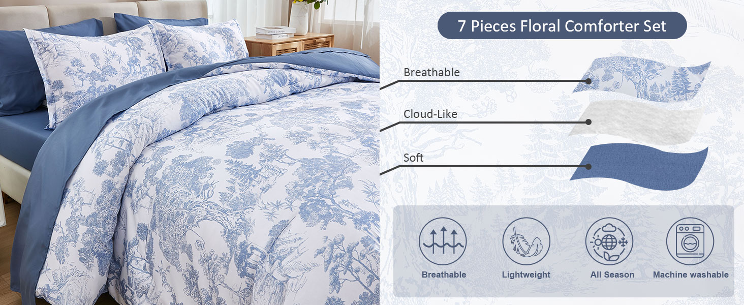blue comforter set queen 7 piece bed in a bag Queen Size Botanical Comforters with sheets