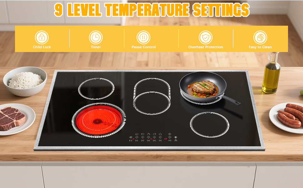 36 Inch Electric Cooktop, 5 Bunner Electric Stove Top With Touch Control, 8400W Bulit-in Stove