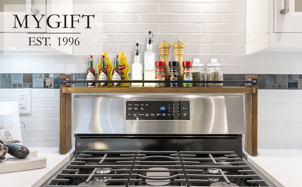 Stove Top Spice Rack Solid Wood Industrial Black Metal Over The Stovetop Range Storage Display Shelf
