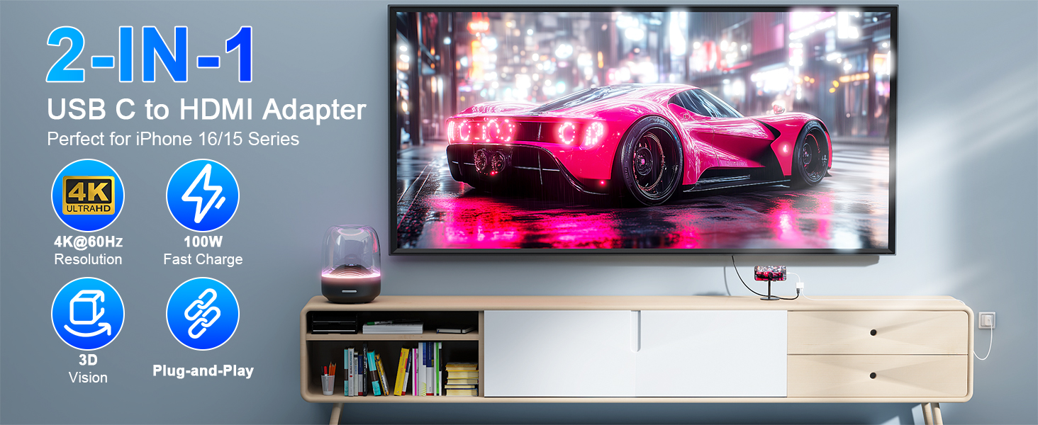 100W USB C to HDMI Adapter, 2 in 1 USB-C to HDMI Adapter for iPhone 16 15, 4K@60Hz to TV