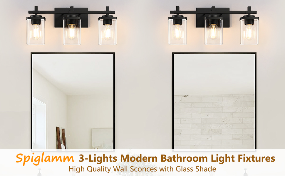 3 Lights Black Bathroom Vanity Light Over Mirror with Square Glass Shade