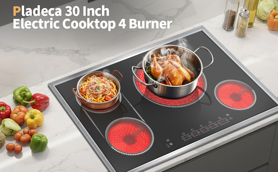 Pladeca 30 Inch Electric Cooktop, 4 Burner Stove Top, 7800W Built-In Electric Stove with BBQ Mode
