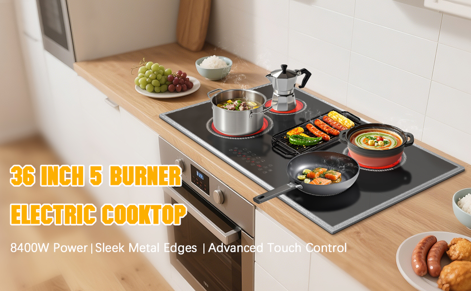 36 Inch Electric Cooktop, 5 Bunner Electric Stove Top With Touch Control, 8400W Bulit-in Stove