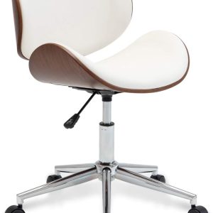 BELLEZE Mid-Century Modern Desk Chair, Contemporary Office Bentwood Style Wingback Seating, Minimalist Adjustable Vintage Replica with Swivel, Faux Leather and Walnut - Avalon (White)
