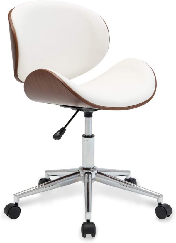 BELLEZE Mid-Century Modern Desk Chair, Contemporary Office Bentwood Style Wingback Seating, Minimalist Adjustable Vintage Replica with Swivel, Faux Leather and Walnut - Avalon (White)
