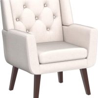 Living&Giving Accent Chair Button-Tufted Upholstered Living Room Chairs Comfy Reading Mid Century Modern with Linen Fabric Lounge Arm for Bedroom (Beige) 29.33D x 28.94W x 34.65H Inch - Image 5