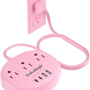 Pink Extension Cord with Surge Protected 1080J - 5 FT Flat Extension Cord, 1625W Cute Extension Cord with 3 AC Outlet 4 USB (24W/4.8A), Compact for Cute Pink Kawaii Desk Home Essentials