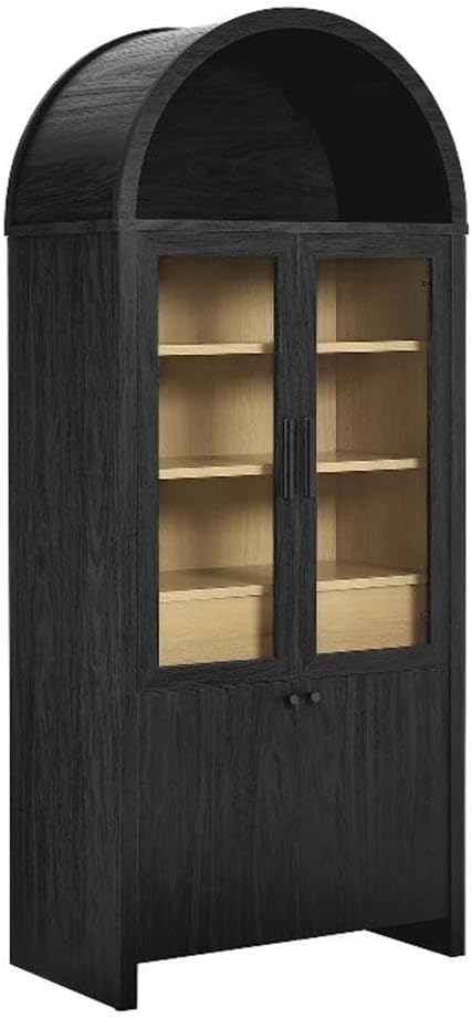 Modway Evie Arched Display Cabinet in Black Oak – Modern Tall Storage Cabinet with Shelves – Sophisticated Glass Door Bookcase – Elegant Living Room and Hallway Accent Cabinet