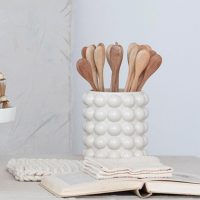 Creative Co-Op 5.75 Inches Round Stoneware Canister with Raised Dots and Acacia Wood Lid, White and Natural - Image 7
