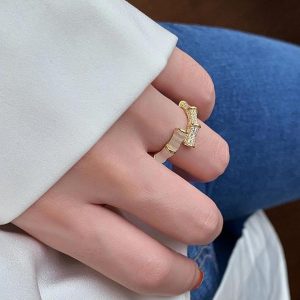 Bamboo Design Cubic Zirconia Decor Ring For Women Open Cat Eye Stone Adjustable Metal Finger Ring Dainty Jewelry Gift For her