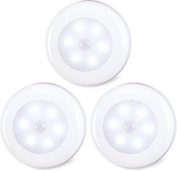 STAR-SPANGLED 3 Pack 2.8” Motion Sensor Lights Indoor AAA Battery Operated, Stick on LED Puck Light for Stairs, Under Cabinet, Closet, Cool White