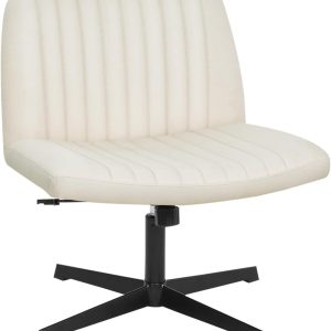 Criss Cross Chair Armless Height Adjustable Office Chair Legged Swivel Desk Chair No Wheels Fabric Wide Comfy Computer Task Chair for Home Office Bedroom Make-up,Beige