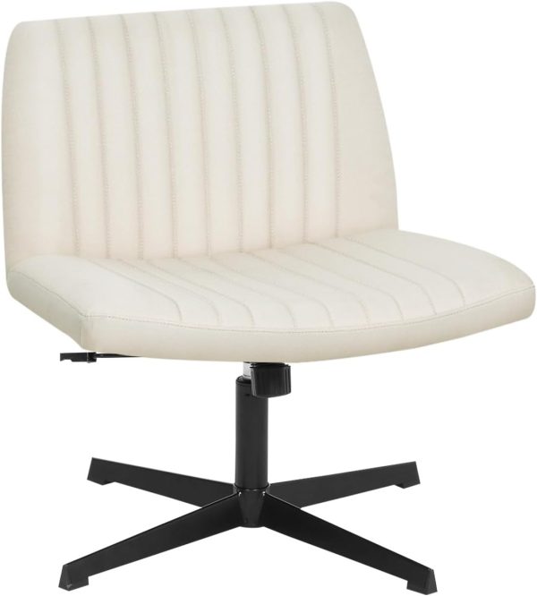 Criss Cross Chair Armless Height Adjustable Office Chair Legged Swivel Desk Chair No Wheels Fabric Wide Comfy Computer Task Chair for Home Office Bedroom Make-up,Beige