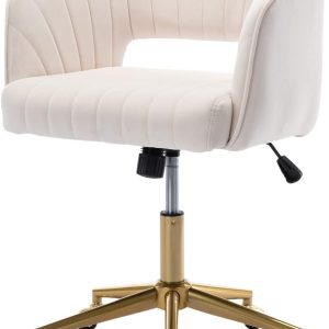 Nrizc Velvet Office Desk Chair, Upholstered Home Office Desk Chairs with Adjustable Swivel Wheels, Ergonomic Office Chair for Living Room, Bedroom, Office, Vanity Study (Beige)