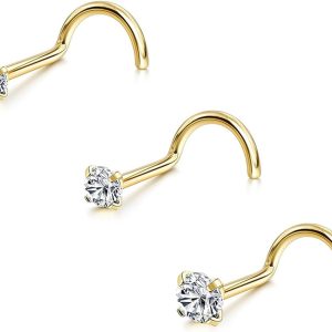 3Pcs 20G Hypoallergenic Nose Studs Set for Women Men, 316L Steel L Shaped/Corkscrew/Straight Designs Nostril Stud Nose Ring 1.5-3mm Cubic Zirconia