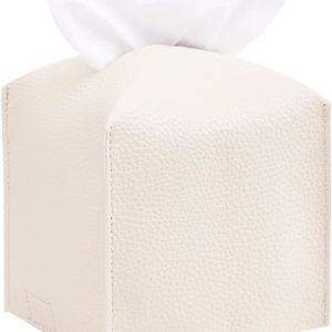 Cream PU Leather Square Tissue Holder, Stylish Tissue Box for Car Console, Home, and Office