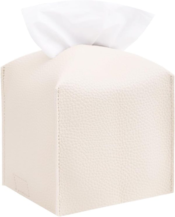 Cream PU Leather Square Tissue Holder, Stylish Tissue Box for Car Console, Home, and Office