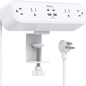 PD30W Desk Clamp Power Strip, Desktop Mount Surge Protector, Fast Charging Station, 5Ft Extension Cord Desk Edge Mount Shelf with 4 Outlets 4 USB Ports (2 USB C), Home Office Accessories Essentials