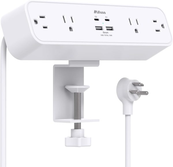 PD30W Desk Clamp Power Strip, Desktop Mount Surge Protector, Fast Charging Station, 5Ft Extension Cord Desk Edge Mount Shelf with 4 Outlets 4 USB Ports (2 USB C), Home Office Accessories Essentials