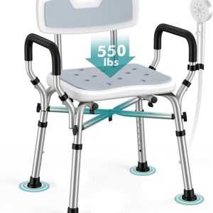 VFAUOSIT Shower Chair for Elderly and Disabled, 550 lbs Shower Chair for Inside Shower with Arms and Back, 6-Height Adjustable Shower Seats for Adults, Bath Chairs for Seniors Inside Tub