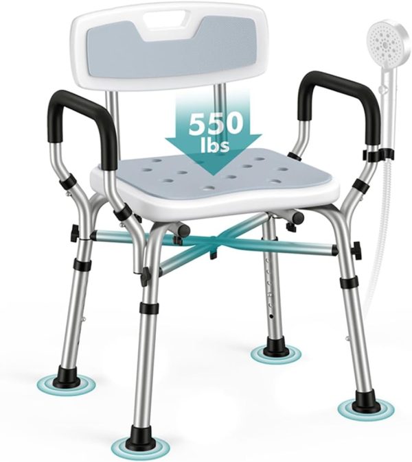 VFAUOSIT Shower Chair for Elderly and Disabled, 550 lbs Shower Chair for Inside Shower with Arms and Back, 6-Height Adjustable Shower Seats for Adults, Bath Chairs for Seniors Inside Tub