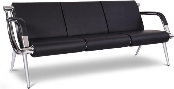 Kinsuite 3-Seat Office Reception Waiting Room Chairs - Guest & Reception Chairs for Salon Barber Bench Airport Bank Hall Visitor Guest Black PU Leather Office Sofa, Black
