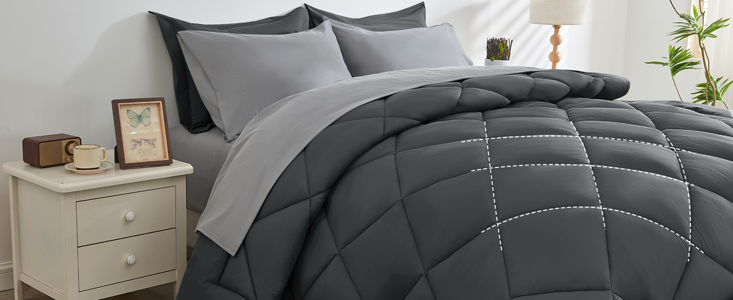 HEVUMYI Comforter Set 7 Pieces, All Season Reversible Bed in a Bag Queen