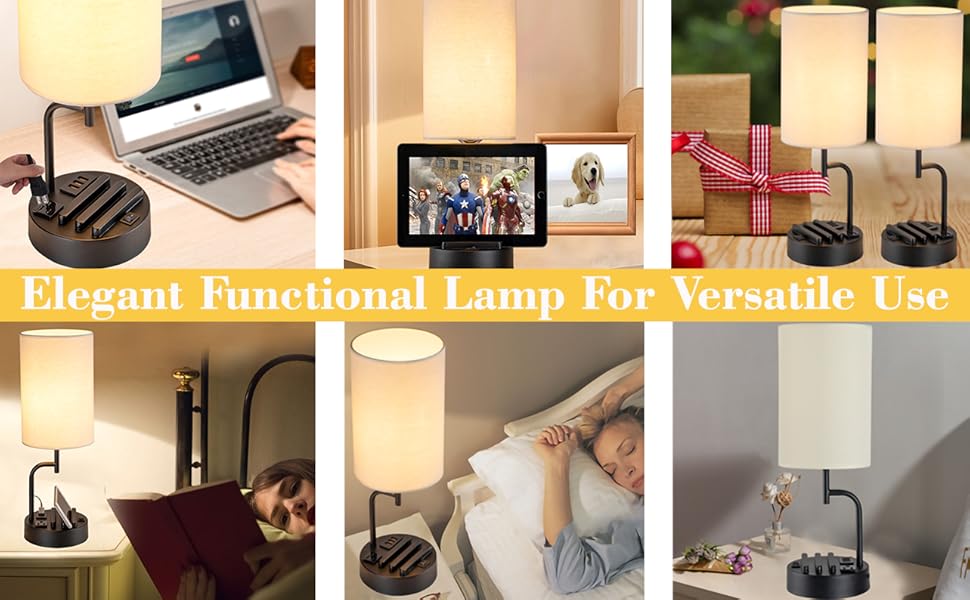 Table Lamp with 3 USB Charging Ports,Perfect Bedside Lamp for Bedroom