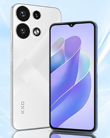 White smartphone with quad-camera setup. Large touchscreen display showing purple and blue abstract design. Reflective surface beneath.
