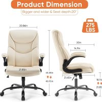 Sweetcrispy Ergonomic Office Chair Heavy Duty Task Desk Chair with Flip-up Arms, PU Leather, Adjustable Swivel Rolling Chair with Wheels, Beige - Image 3