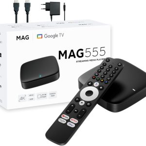 MAG555 Streaming Media Player Compatible with Google TV™ 2025 | 4K HDR | Voice Remote | Dual-Band Wi-Fi | Chromecast Built-in | HDMI + AV Output
