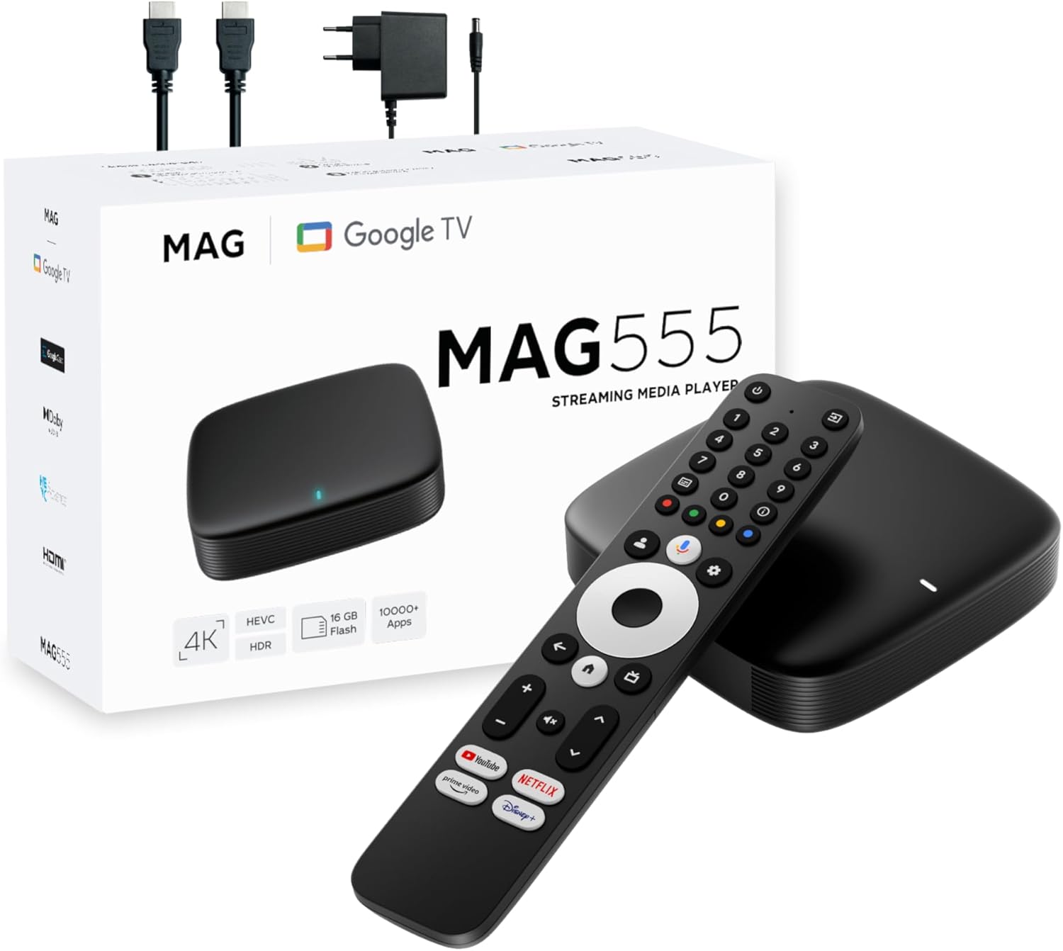 MAG555 Streaming Media Player Compatible with Google TV™ 2025 | 4K HDR | Voice Remote | Dual-Band Wi-Fi | Chromecast Built-in | HDMI + AV Output