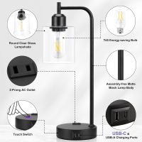 Industrial Touch Table Lamps for Bedrooms Set of 2 - 3-Way Dimmable Nightstand Lamps with USB C+A Ports and Outlet, Black Bedside Lamps with Glass Shade for Living Room, Desk Lamps for Home Office - Image 7