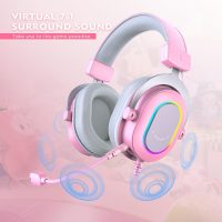 FIFINE PC Gaming Headset, USB Wired Headset with Microphone, 7.1 Surround Sound, in-Line Control, Computer RGB Over-Ear Headphones for PS4/PS5, for Streaming/Game Voice/Video-AmpliGame H6 (Pink) - Image 2