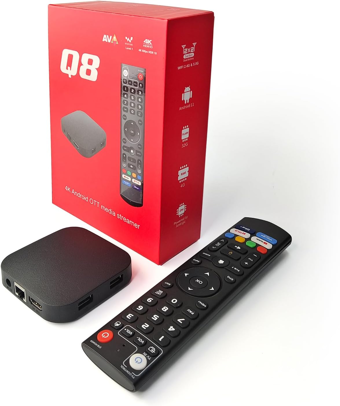 Q8 4K TV Box Android 11.0 with Amlogic S905Y4, 4GB RAM 32GB ROM, Dual WiFi 2.4G/5G and BT5.0, Smart T-V Box with BT Voice Remote and IR Learning (Batteries not Included)