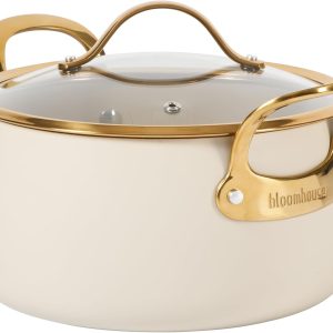 bloomhouse 6 Quart Heavy Duty Aluminum Premium PFA Free Ceramic Nonstick Dutch Oven Pot with Lid - Almond Cream w/Gold Handle