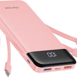Charmast Portable Charger with Built in Cables, Power Bank with Cords Wires, Slim 10000mAh Travel Battery Pack 6 Outputs 3 Inputs 3A Fast Charging for Samsung Google Pixel LG Moto iPhone iPad