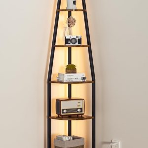 Furnulem 5 Tier Corner Shelf with LED Light, 67.2” Tall Standing Shelf for Wall Corner, Narrow Bookshelf Ladder Shelf for Bedroom, Living Room, Plant, Wood Storage Rack, Metal Frame (Rustic Brown)