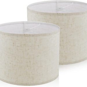 Lamp Shades Set of 2, Drum Lampshades 12.6" Diameter x 8.3" High Lamp Shades for Table Lamps Natural Linen, For Floor Lamps, Table Lamps, Easy Assembly Required, Harp Not Included, Beige